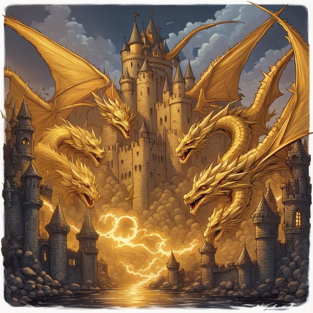 Golden Five-Headed Dragon Over Castle, Comic Book Art