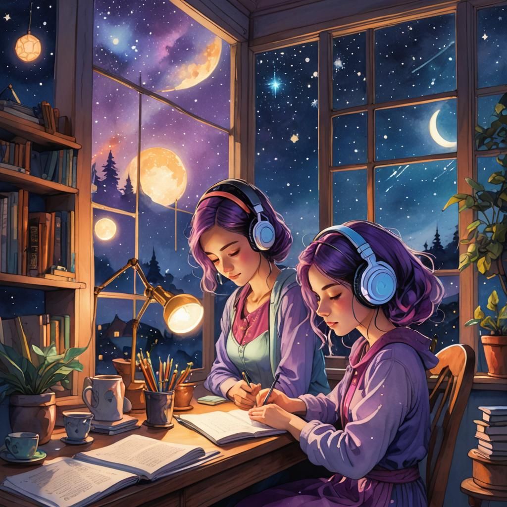 Lofi Girl Studying at Night in Watercolor Style