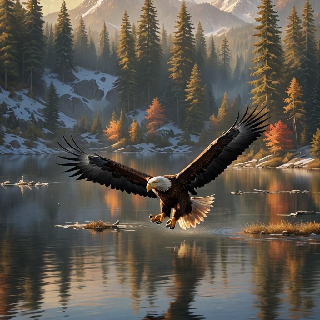 Bald Eagle Soars Over Lake: Hyper-Realistic Digital Art