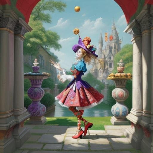 Vibrant Jester in Whimsical Courtyard