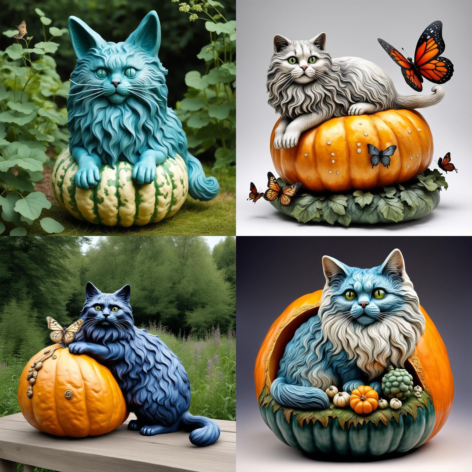 Angora Cat Sculpture Inside a Pumpkin