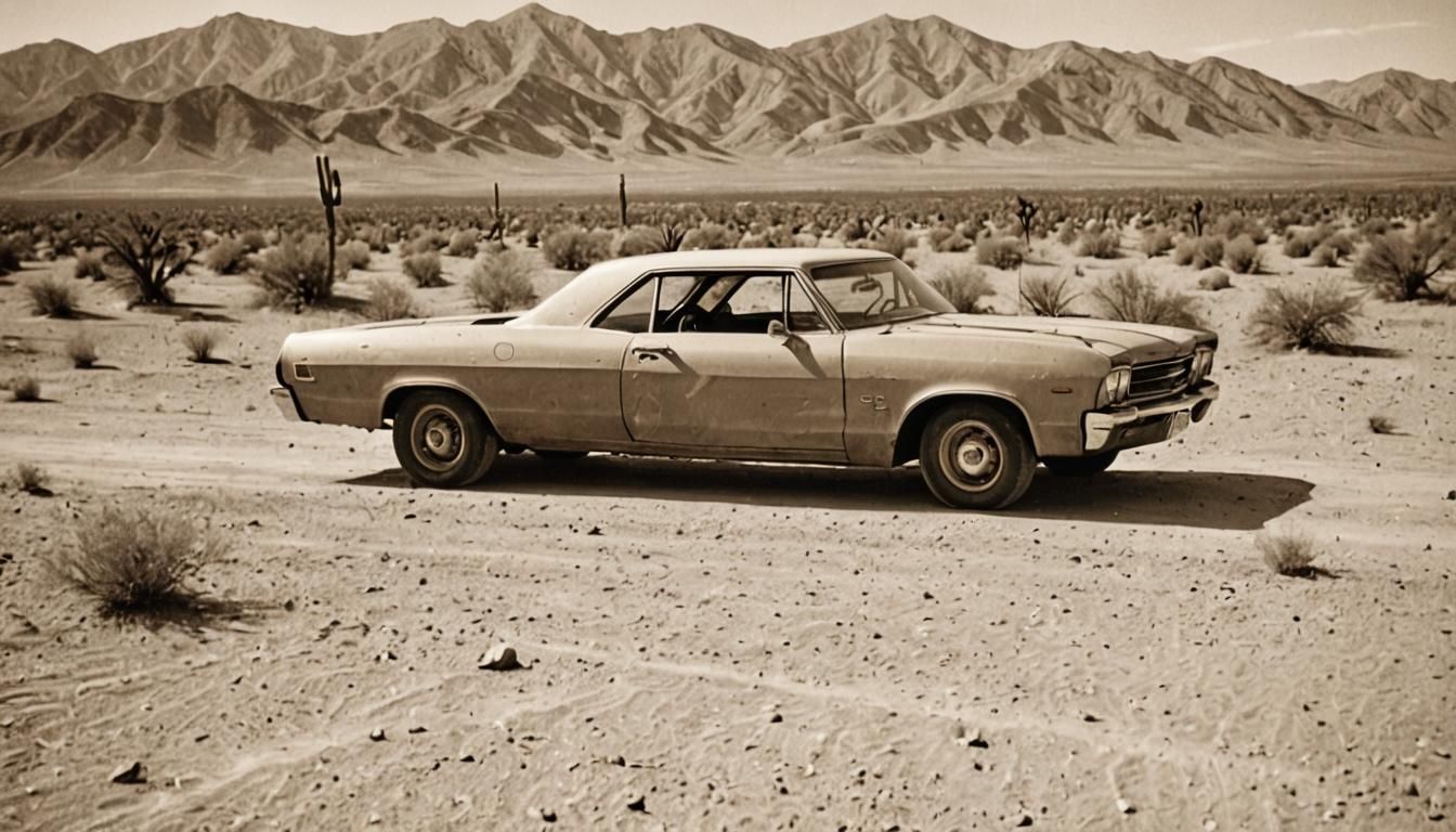 El Camino Car in Sepia Desert Landscape