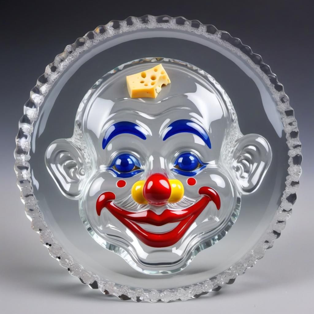 Crystal clear clown, made of crystal. Cheese plate.