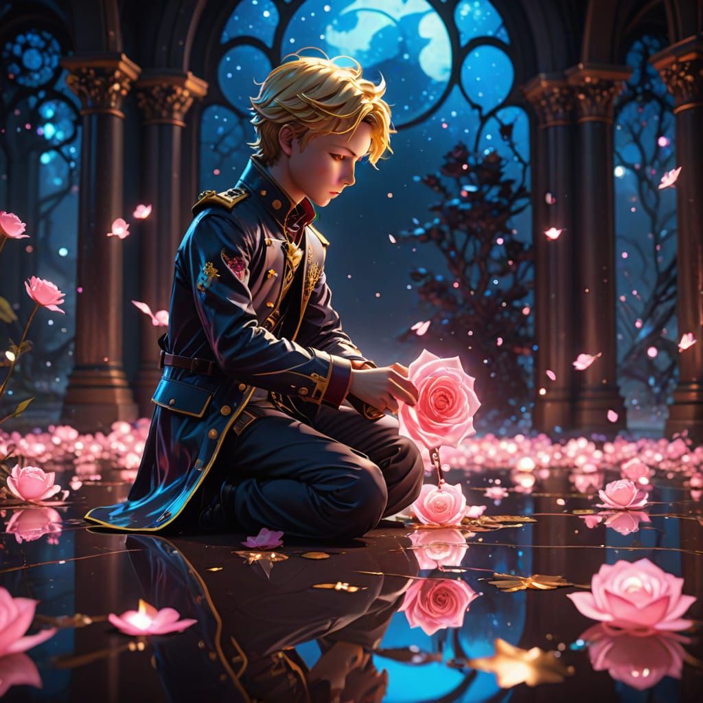 Surreal Prince Mourns Melting Rose in Dreamlike Landscape