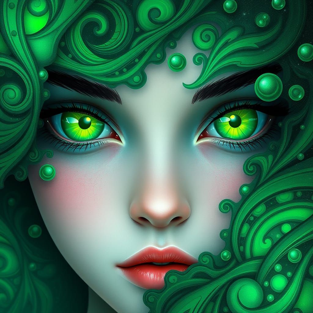 Ethereal Green Eyes in a Dreamlike Landscape