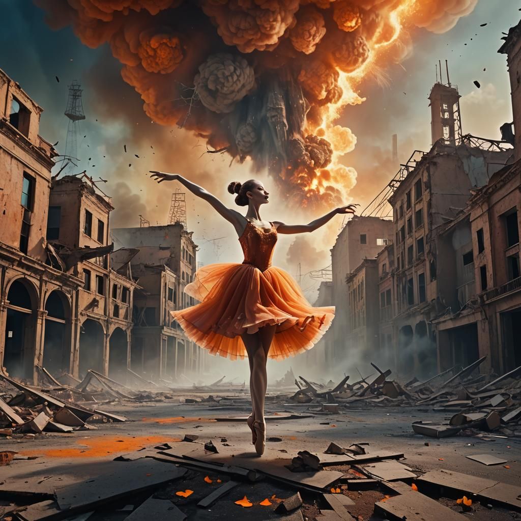 Ballerina Dances in Post-Apocalyptic Cityscape: Surreal Digi...