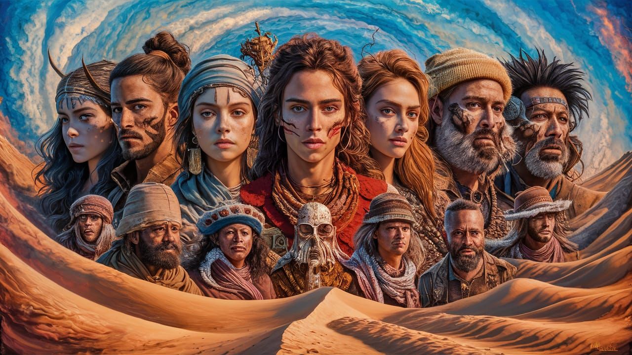 Surrealist Desert Warrior Tribesmen in Dreamlike Landscape