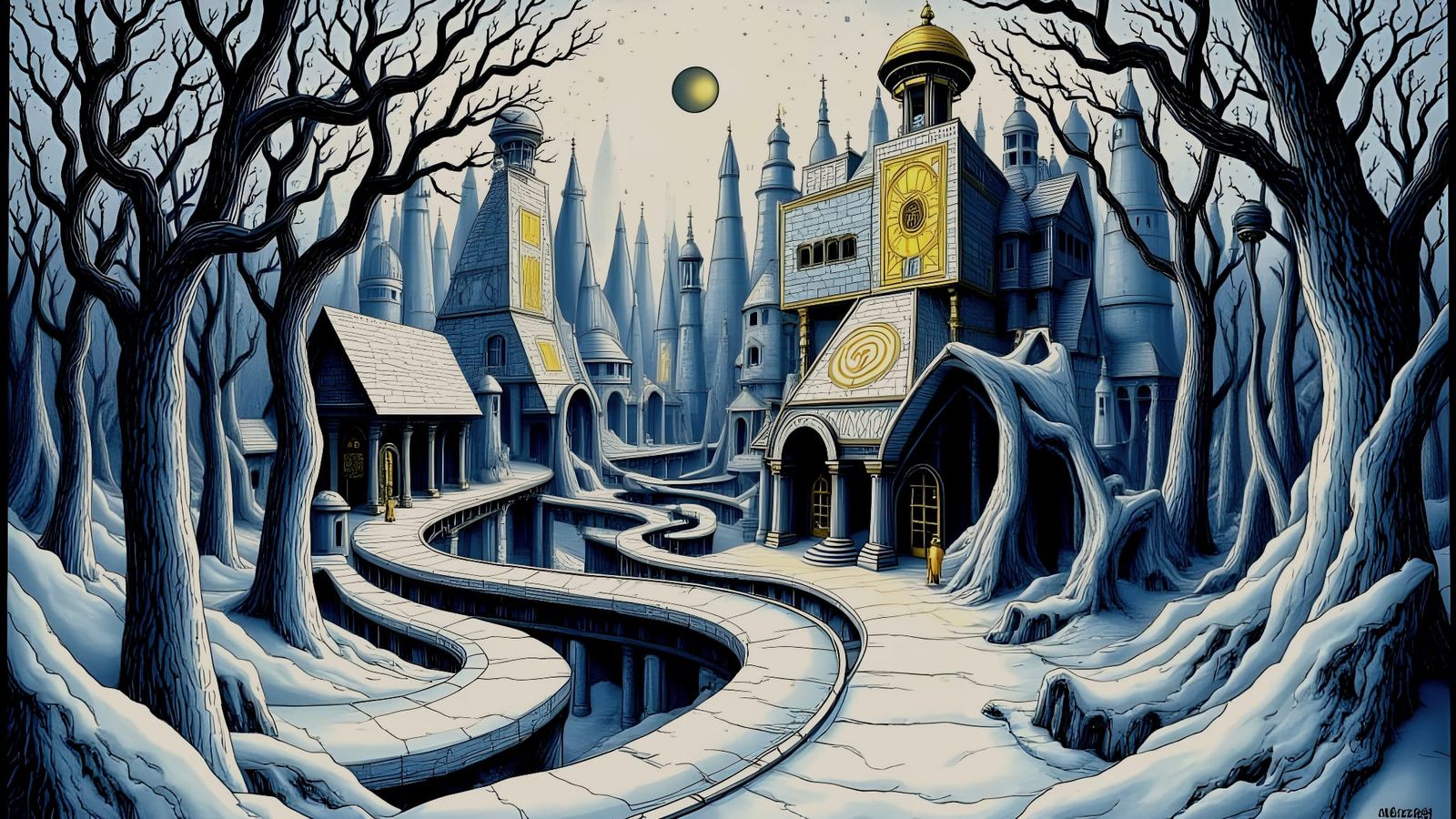 Futuristic Geometric Train in Snowy Forest