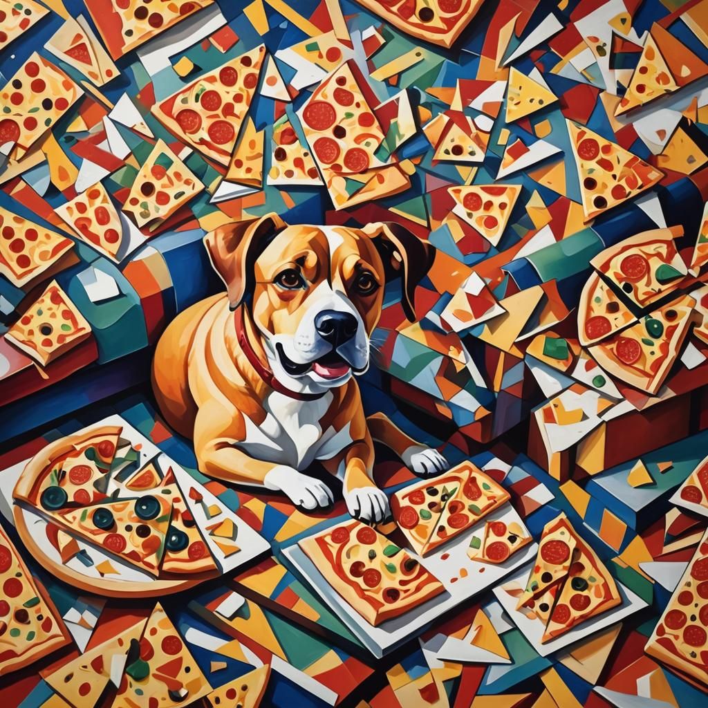 Cubist Dog Pizza Chaos: Abstract Art