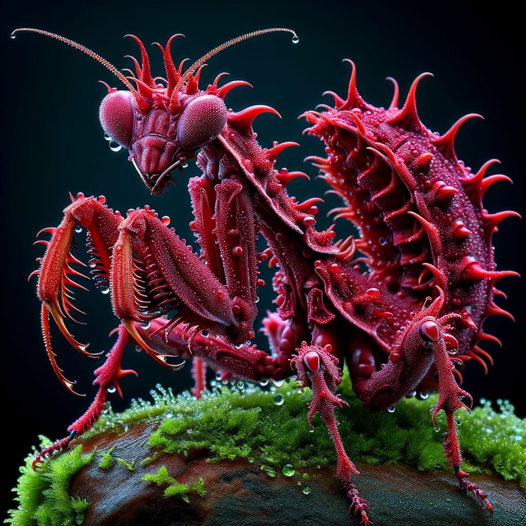 Intricate Red Velvet Praying Mantis on Mossy Rock