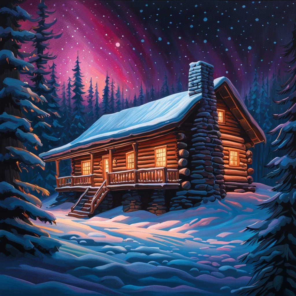 Cozy Winter Cabin Under Northern Lights in Gouache