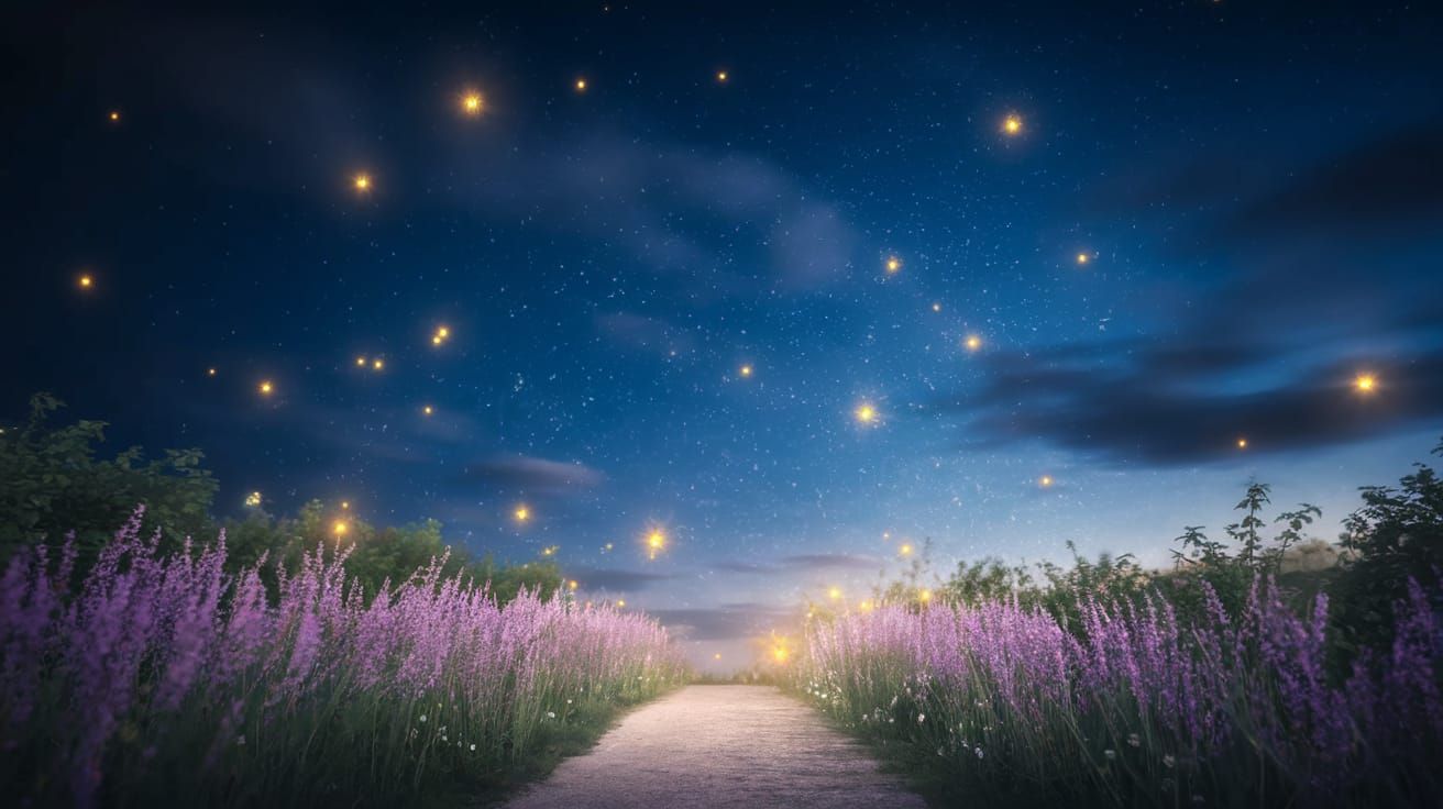 Enchanted Night Sky with Glowing Fireflies