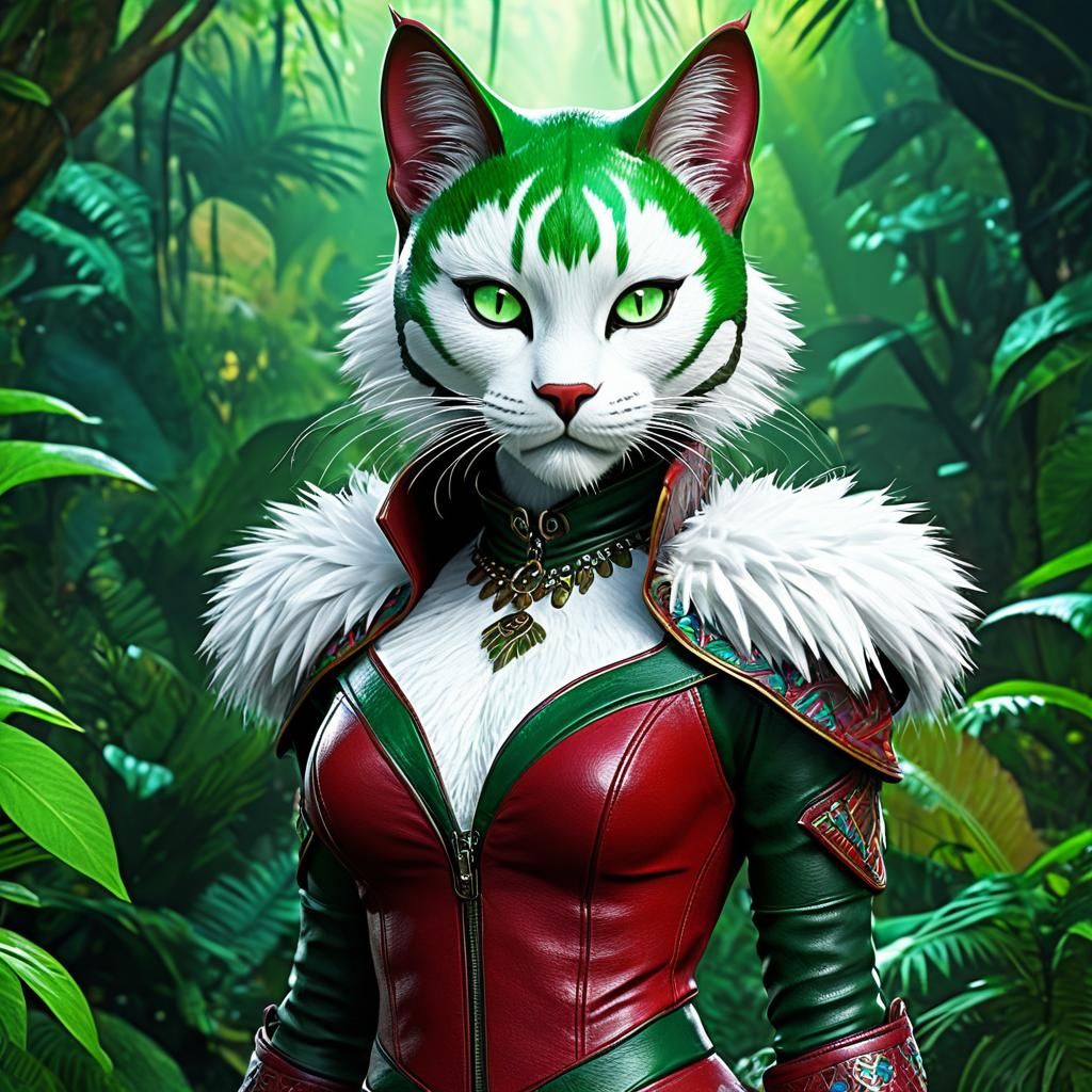 Fantasy Werecat Rouge in Hyperdetailed Jungle Scene