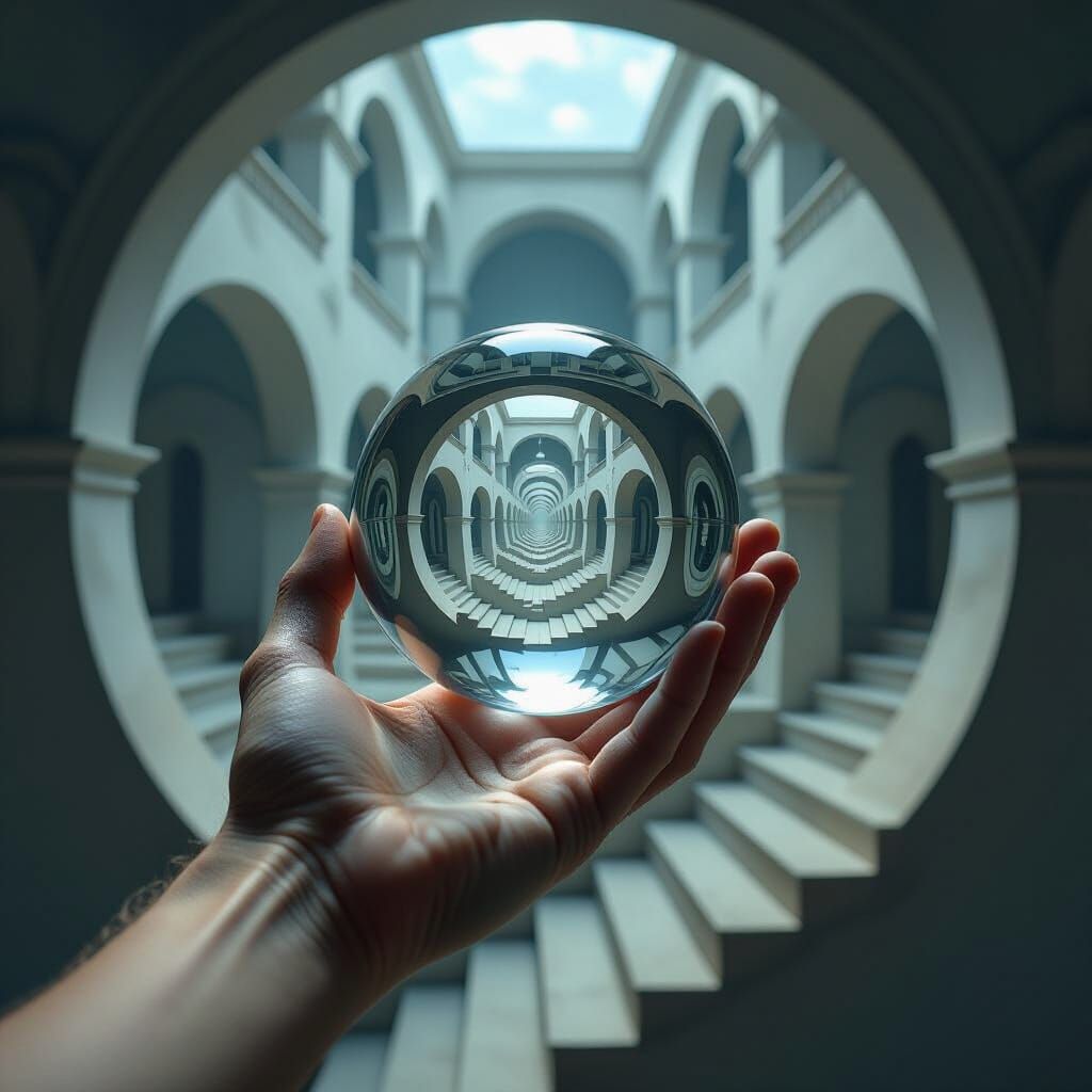 Surreal Hand Cradles Reflective Sphere in Escher-like Landsc...