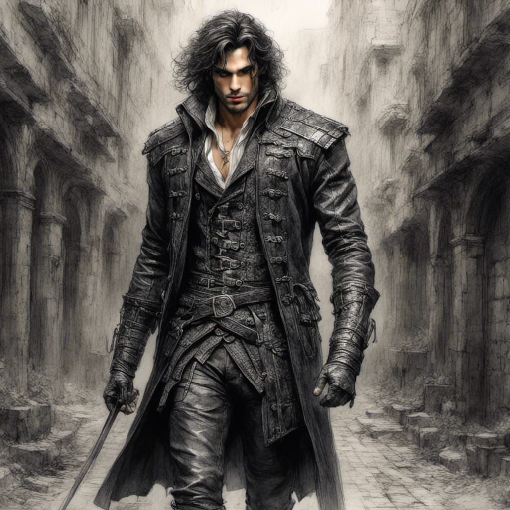 Men's Long Buckle Jacket with Sketch Style