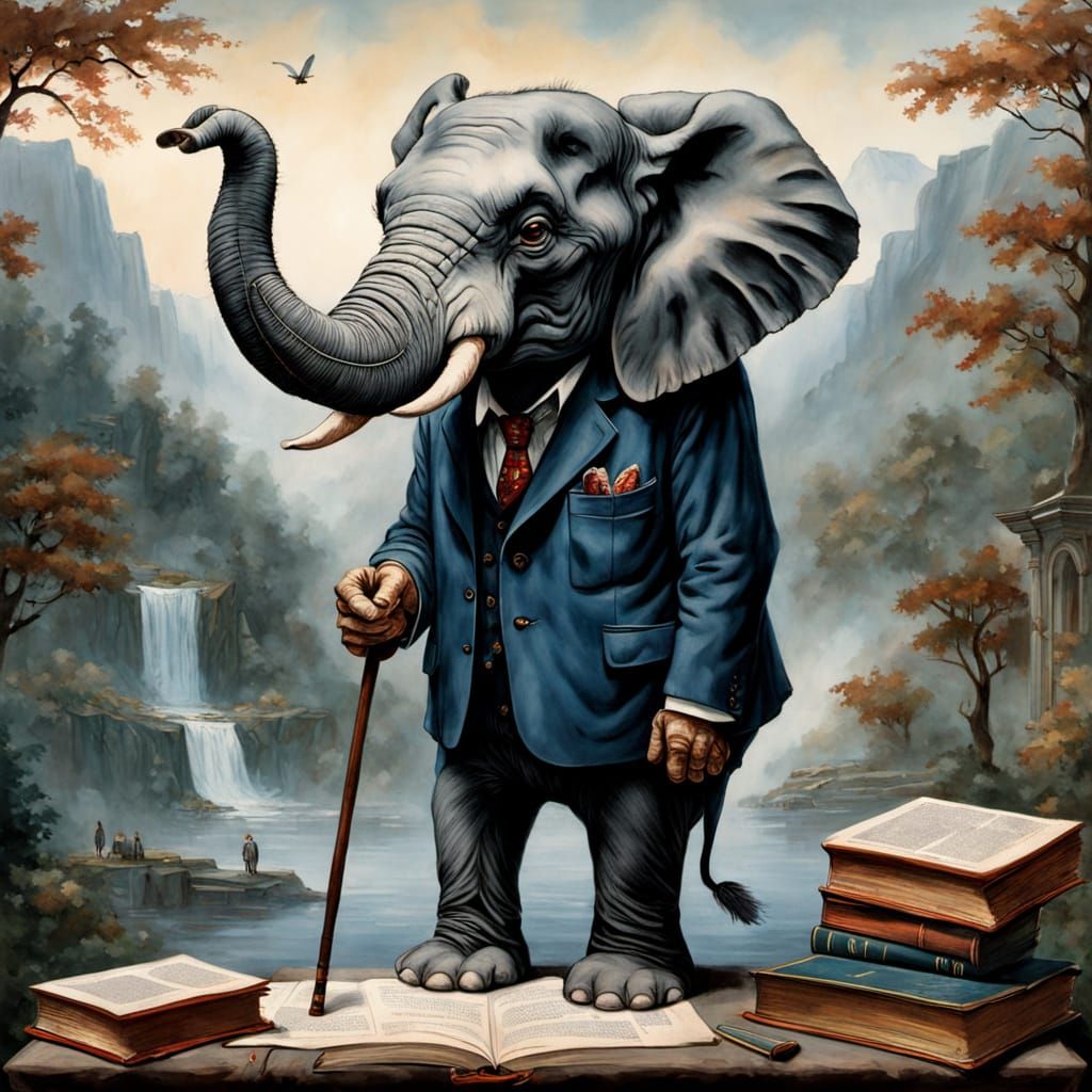 Anthropomorphic Elephant in Library, Rembrandt-Inspired Port...