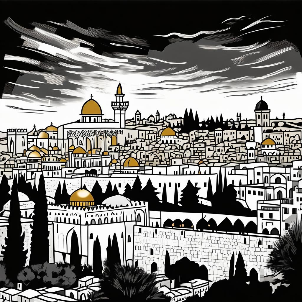 Monochromatic black and white art of the Jerusalem skyline.