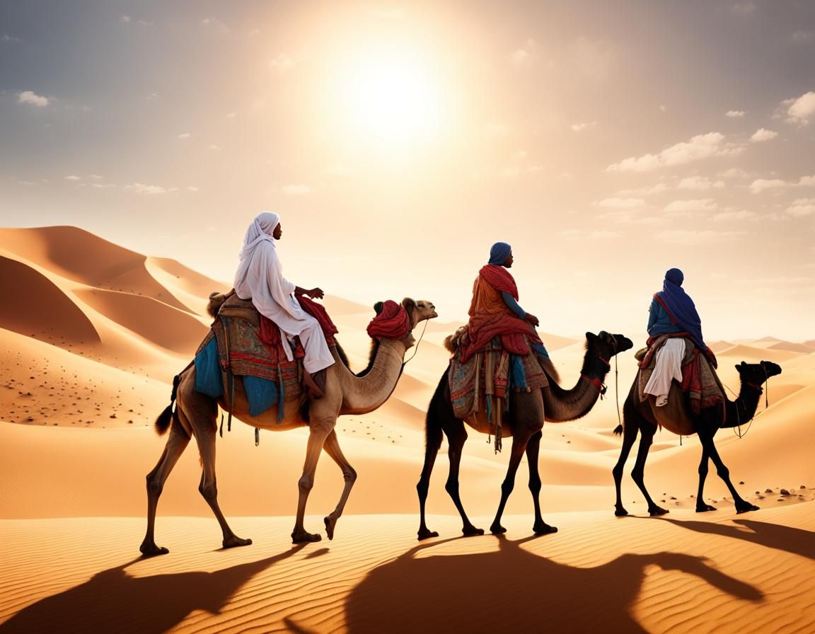 Saharan Ride: Woman and Tuareg Men in Desert