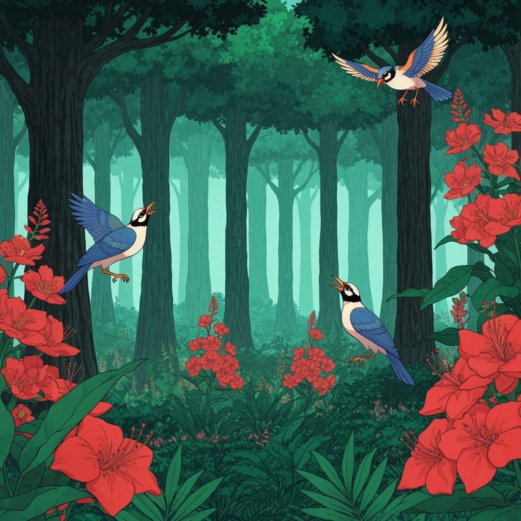 Vibrant Birds Sing in Lush Manga Forest
