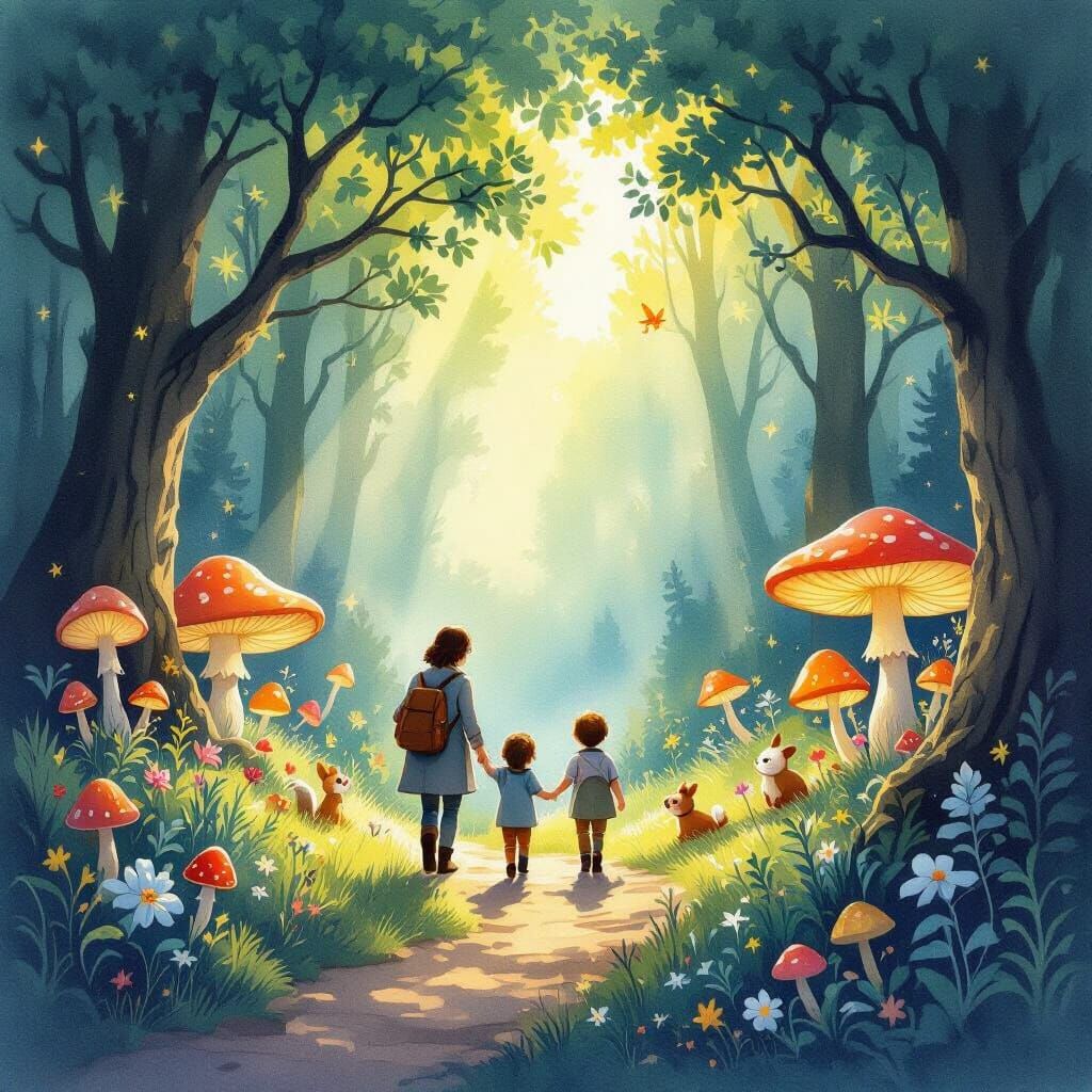 Magical Forest Adventure Painting of Parent and Child