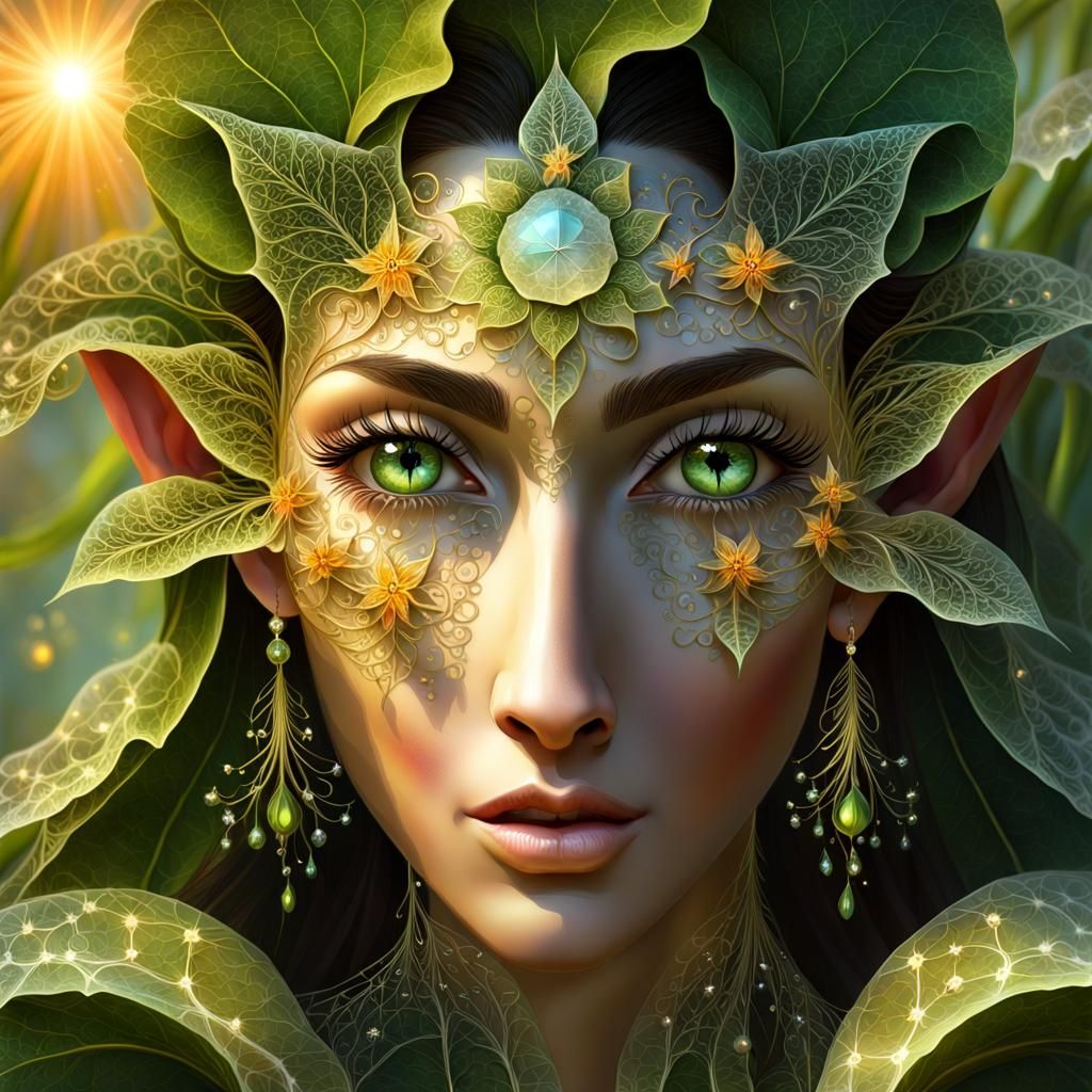 Beautiful Elven Face with Backlit Hair and Garden Vista