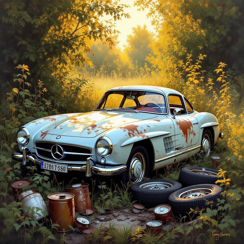 Abandoned Silver Mercedes 300 SL in Overgrown Field