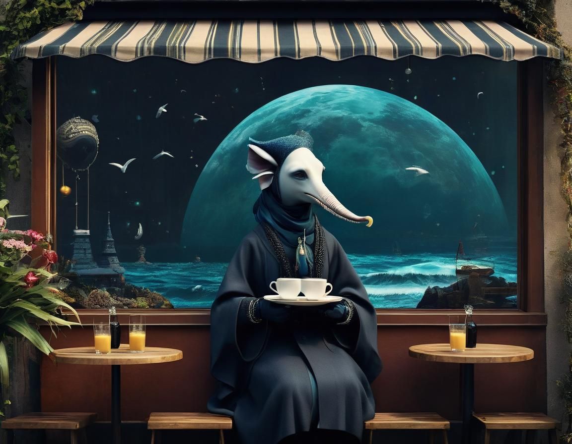 Anthropomorphic Bird Listens to the Sea in Cafe