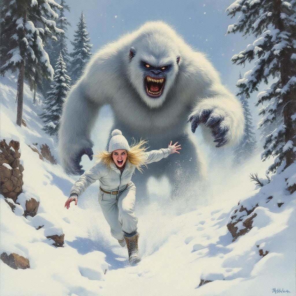 Woman Fleeing Yeti in Snowy Aspen Grove, Oil Painting