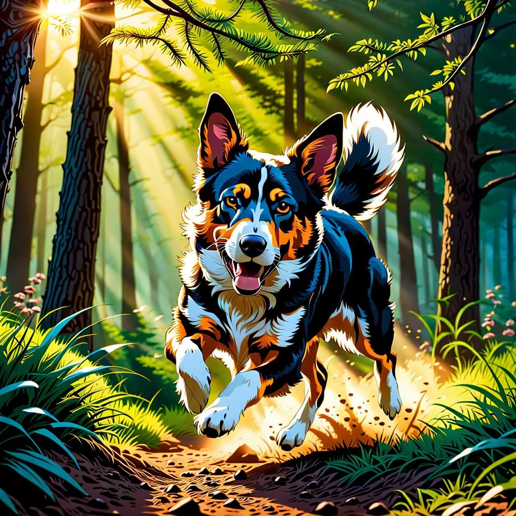 Dog running free through the forest