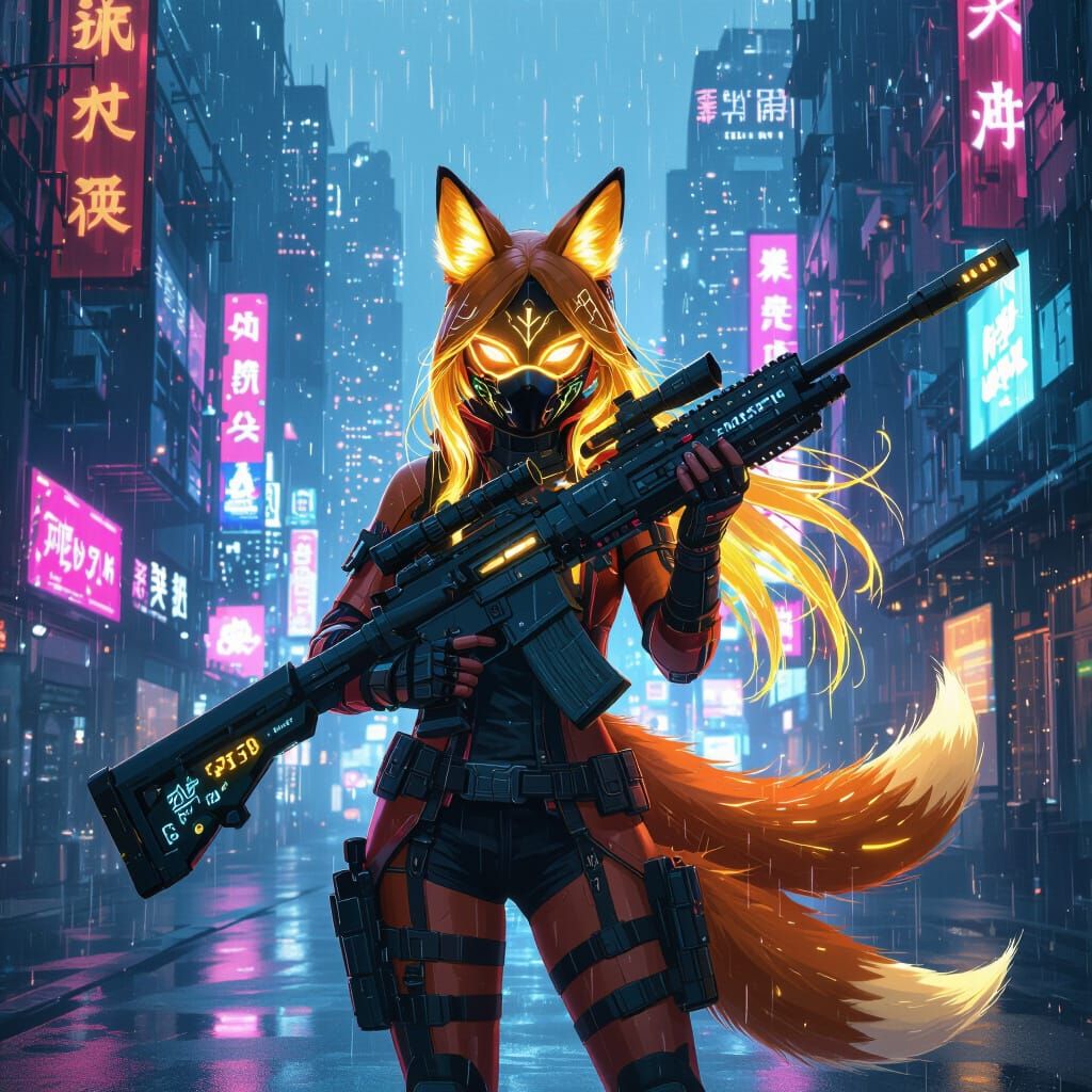 Cyberpunk Fox-Girl Xernia with Giant Rifle in Neon City