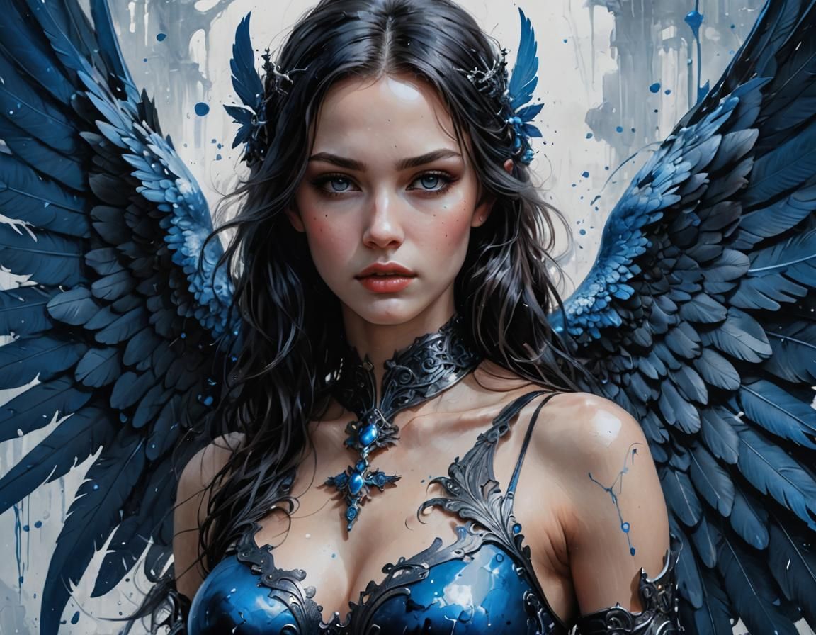 Beautiful Blue Angel Portrait as Ink Splash Art