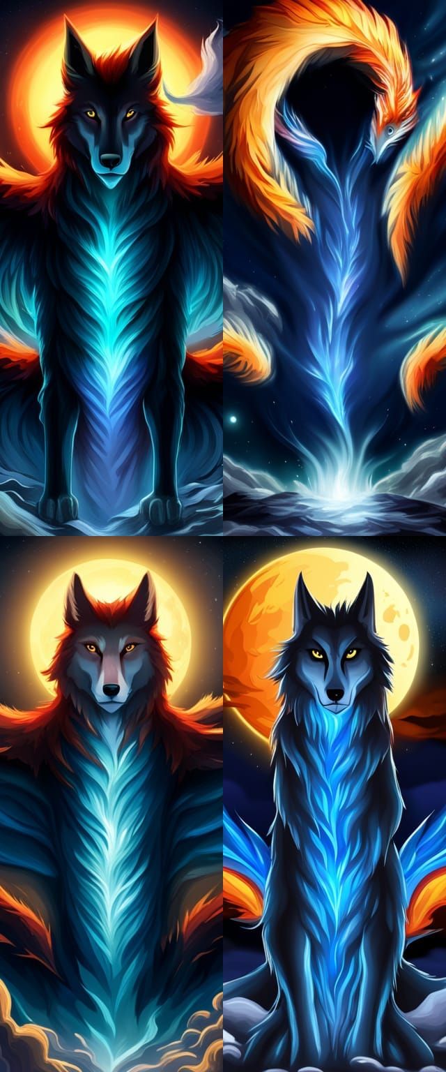 Phoenix Wolf Dragon Hybrid Gazing at Night Sky