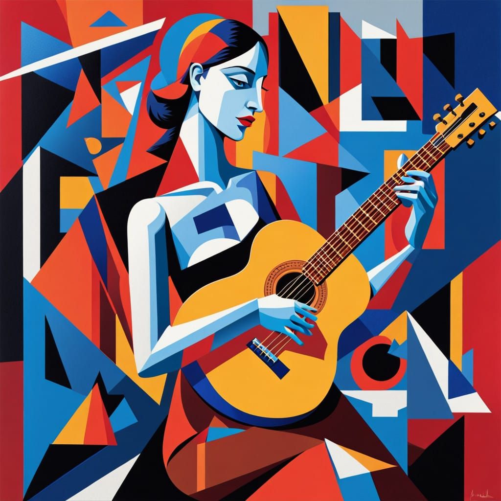 Woman in Geometric Cubist Guitar Composition