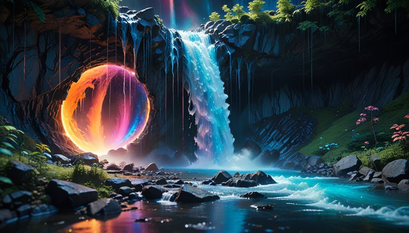 Dreamcore Waterfall Flowing from Cracked Moon