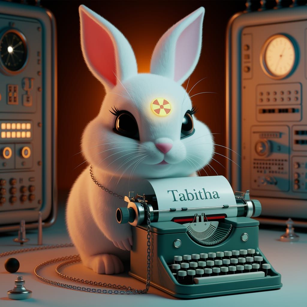 Radioactive Bunny with Typewriter in Futuristic Lab