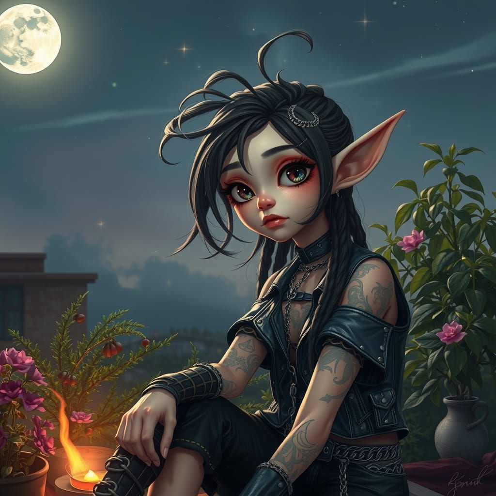 Punk Goth Elf in Rooftop Garden at Twilight