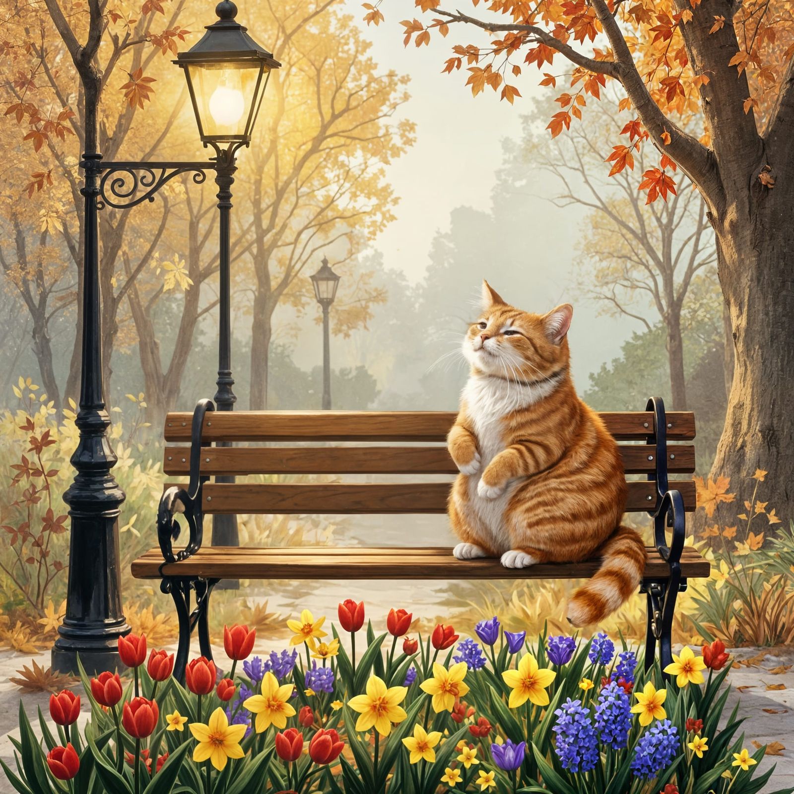 Cat Sings on Park Bench While Squirrels Watch