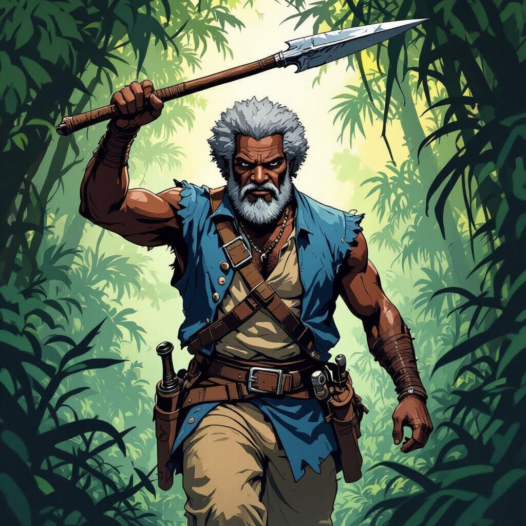 Rebel Leader Strides Through Jungle in Graphic Novel Style
