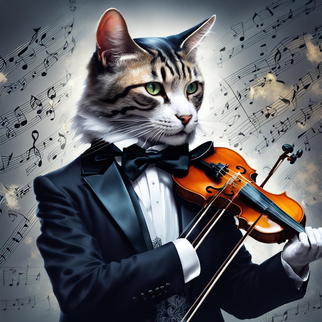 Cat in Tuxedo Plays Violin with Musical Filigree