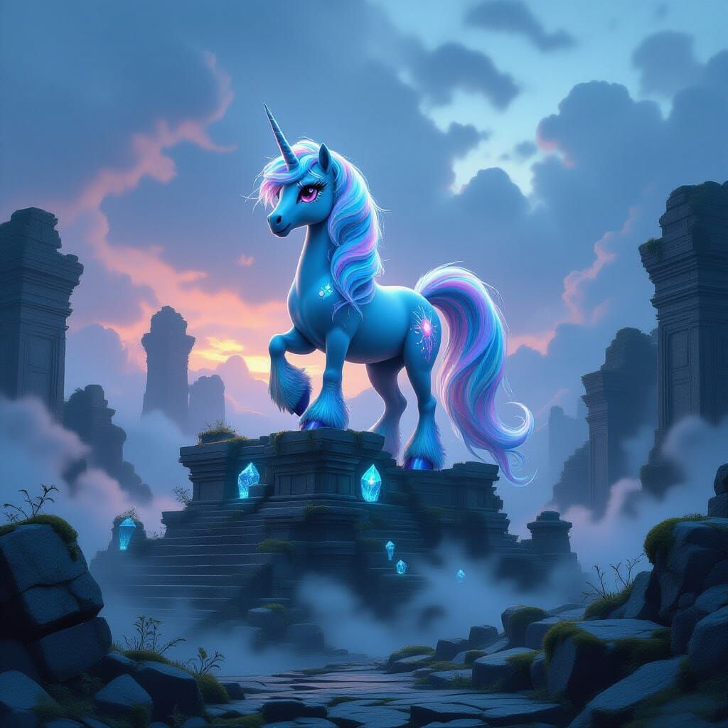 Ancient Scaled Pony on Ruined Temple in Ethereal Fog