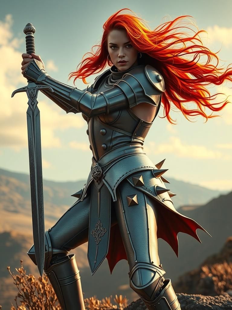 Armored Redhead Witch Warrior with Sword, Digital Art