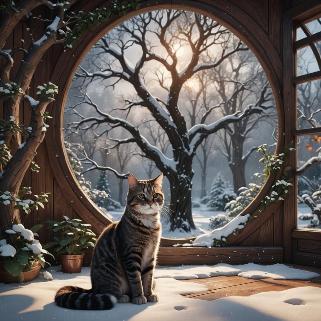 Cute Cat Gazing at Snowy Garden as Matte Painting