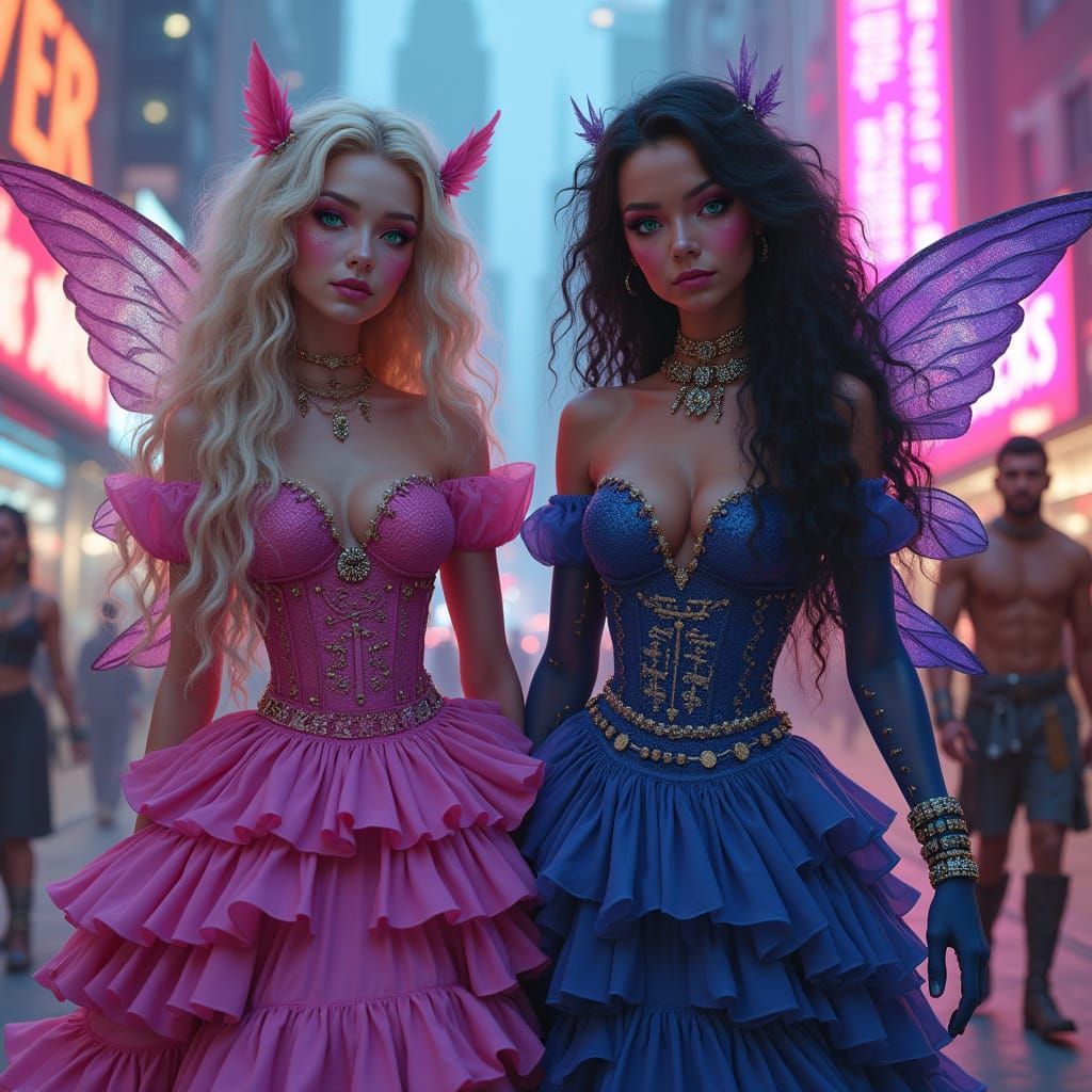 Cyberpunk Princesses in Vibrant Neon Cityscape