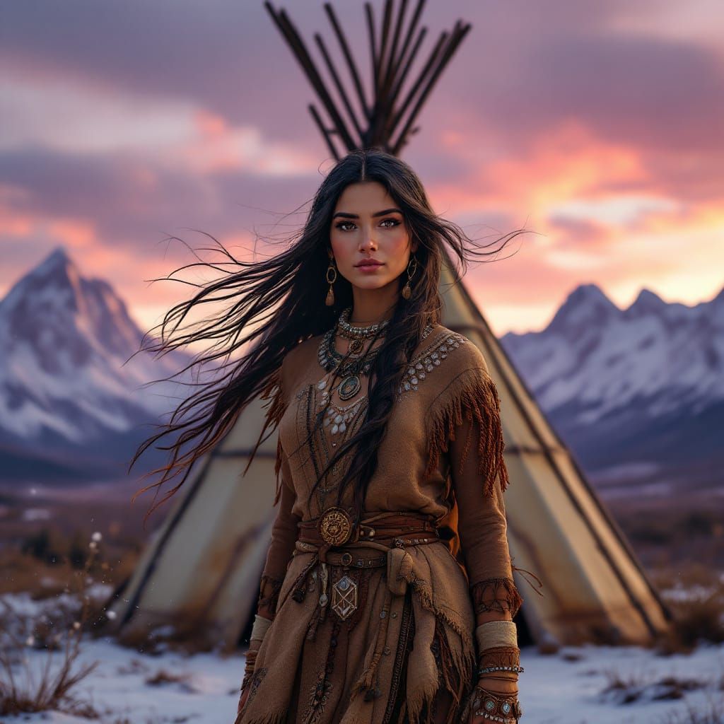 Indian Girl in Mountains with Purple Sunset