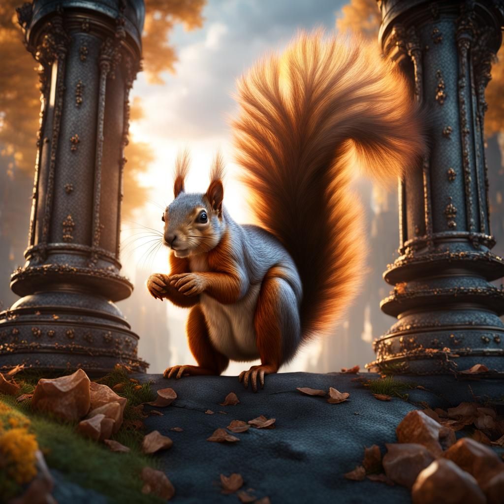 Squirrel at Heaven's Gate: Hyperrealistic Matte Painting