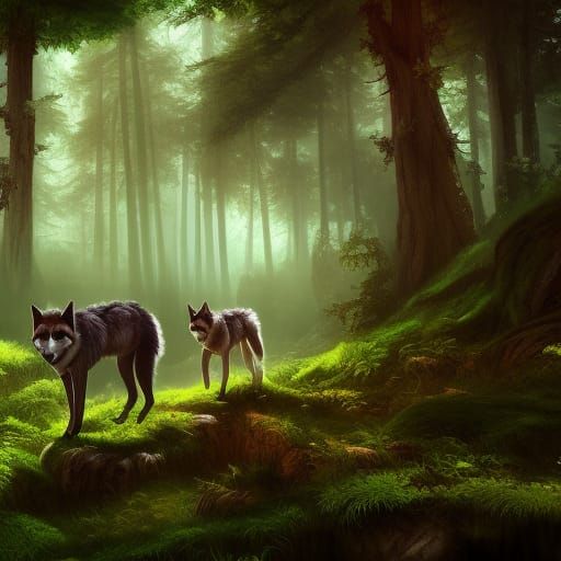 Wolves in Forest: Detailed Matte Painting