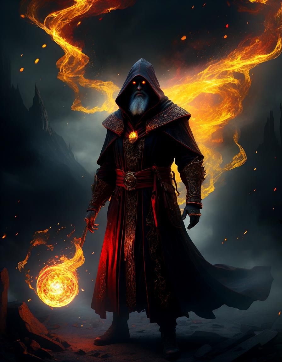 Ominous Dark Fantasy Wizard with Fire Sparkles