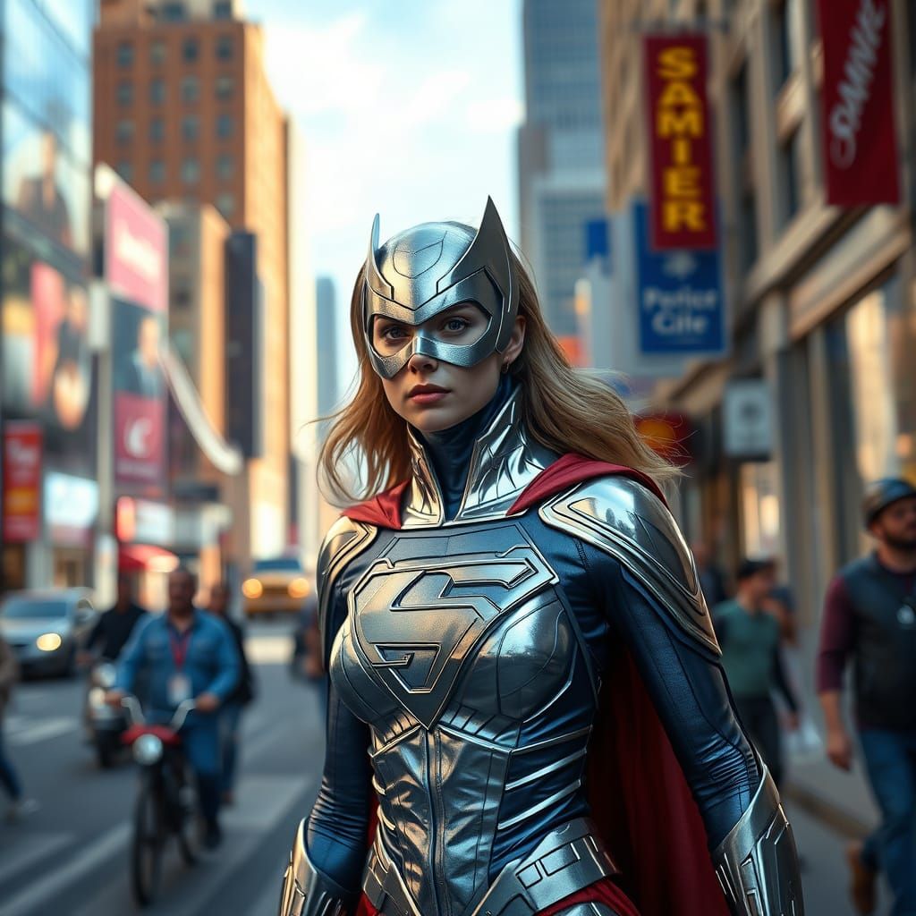 Supergirl in Silver on a Bustling City Street Hyperrealism