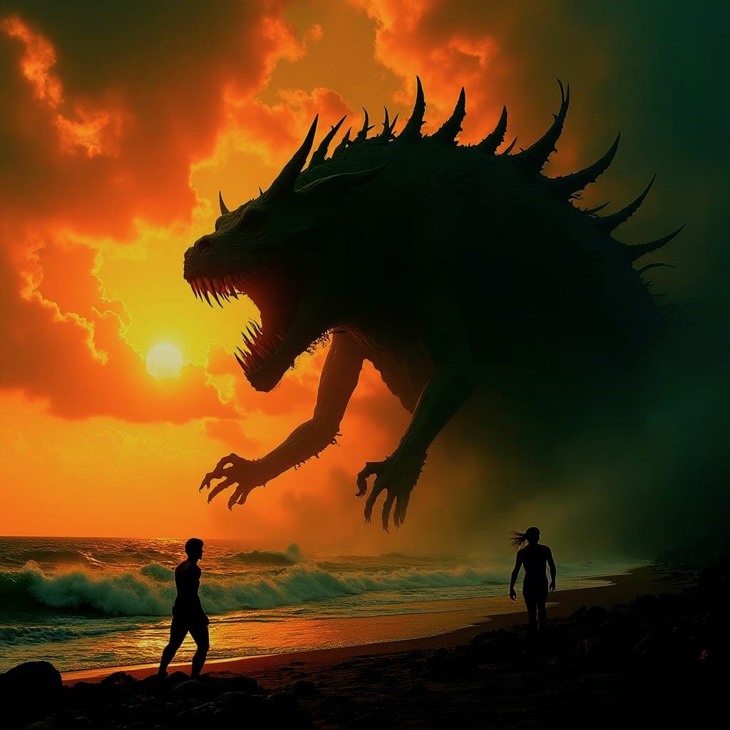 Seven-Headed Monster Emerges During Stormy Sunset