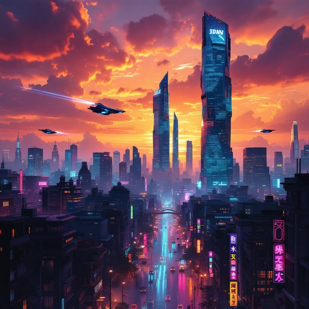 Surreal Futuristic Cityscape at Golden Hour